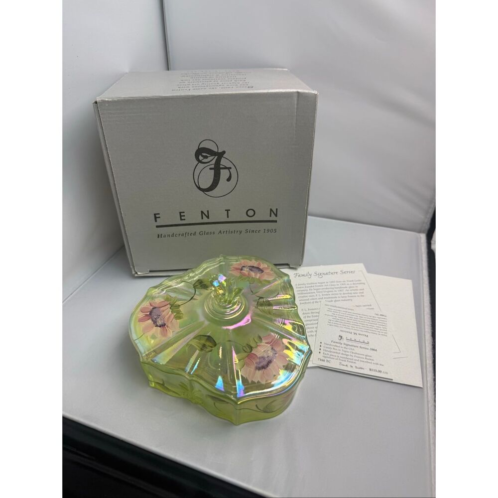 Fenton Family Signature Series 2004 Topaz Hand Painted Candy Box with Box Glows